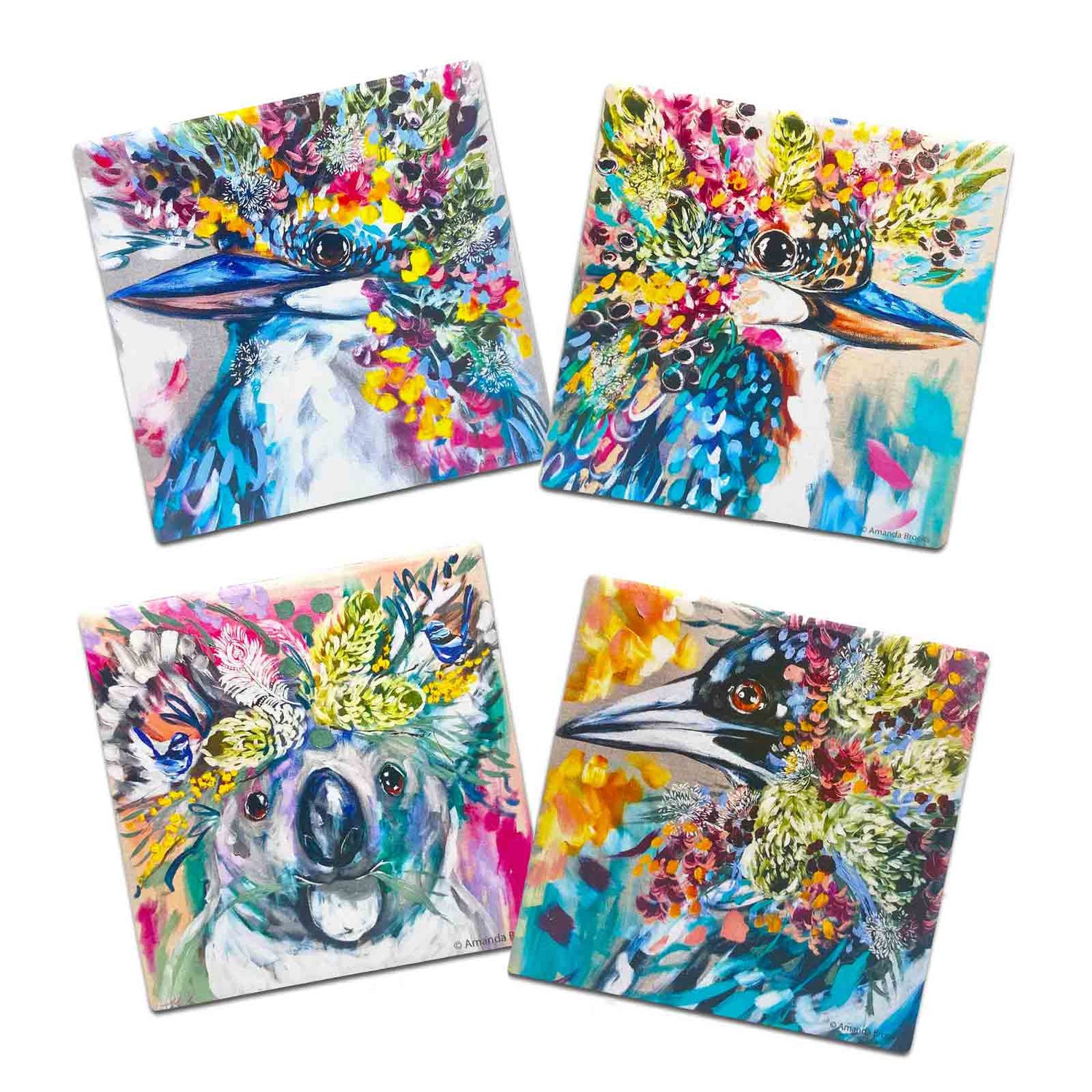 Amanda Brooks Flora Fauna Feathers Set of 4 Australian Dolomite Stone Absorbent Coasters