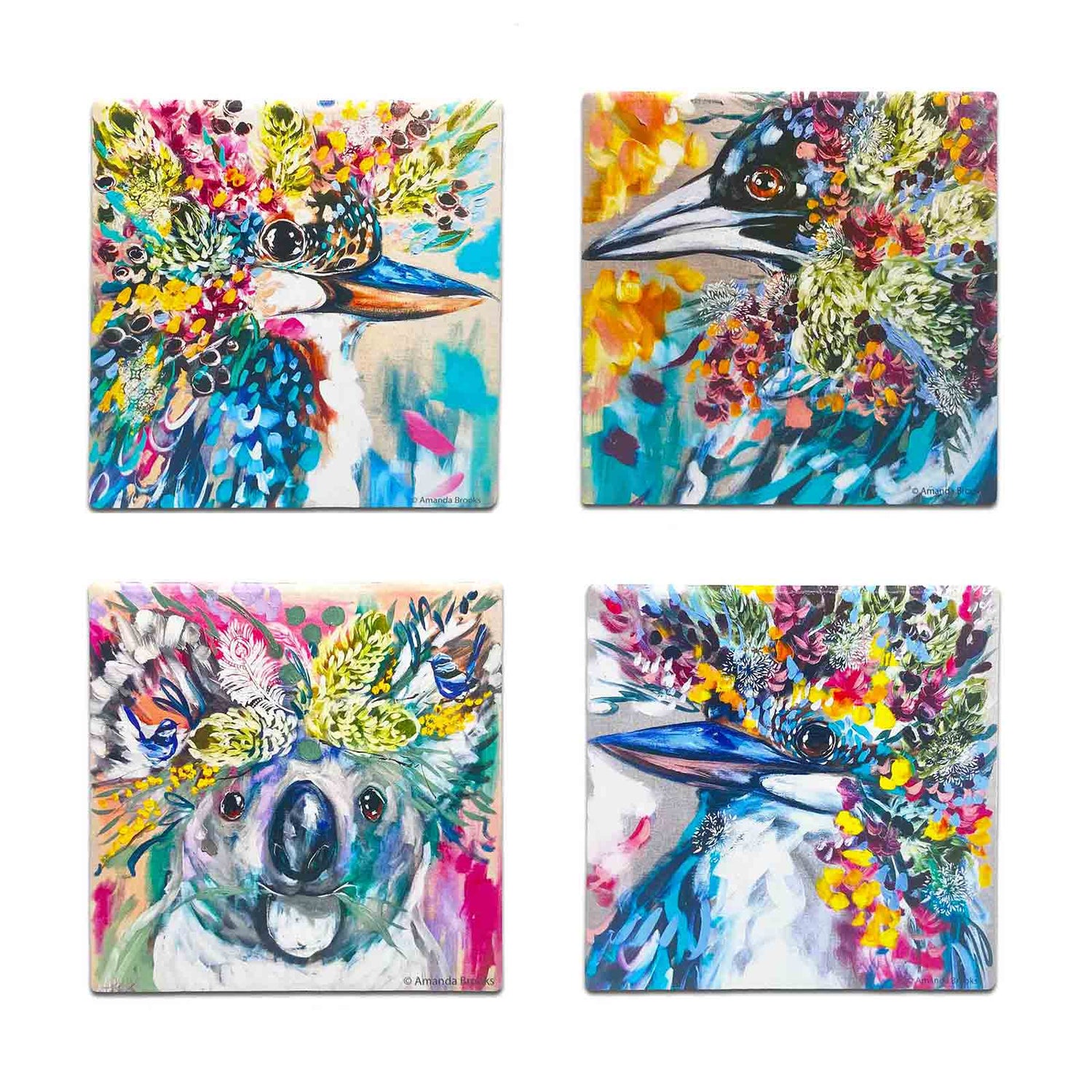 Amanda Brooks Flora Fauna Feathers Set of 4 Australian Dolomite Stone Absorbent Coasters