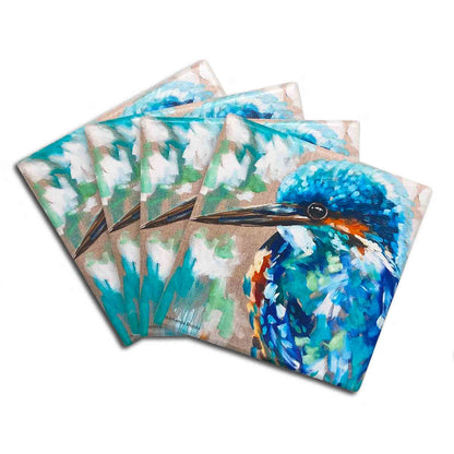 Australian Artist Amanda Brooks Kingfisher Set of 4 Dolomite Stone Absorbent Coasters