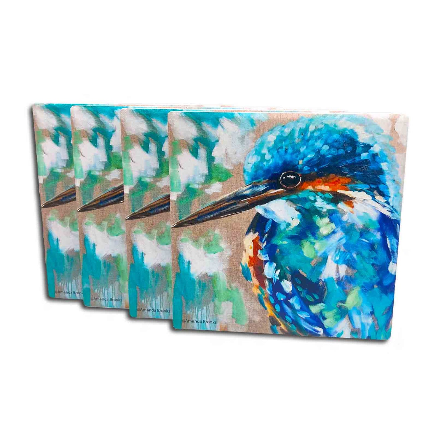 Australian Artist Amanda Brooks Kingfisher Set of 4 Dolomite Stone Absorbent Coasters