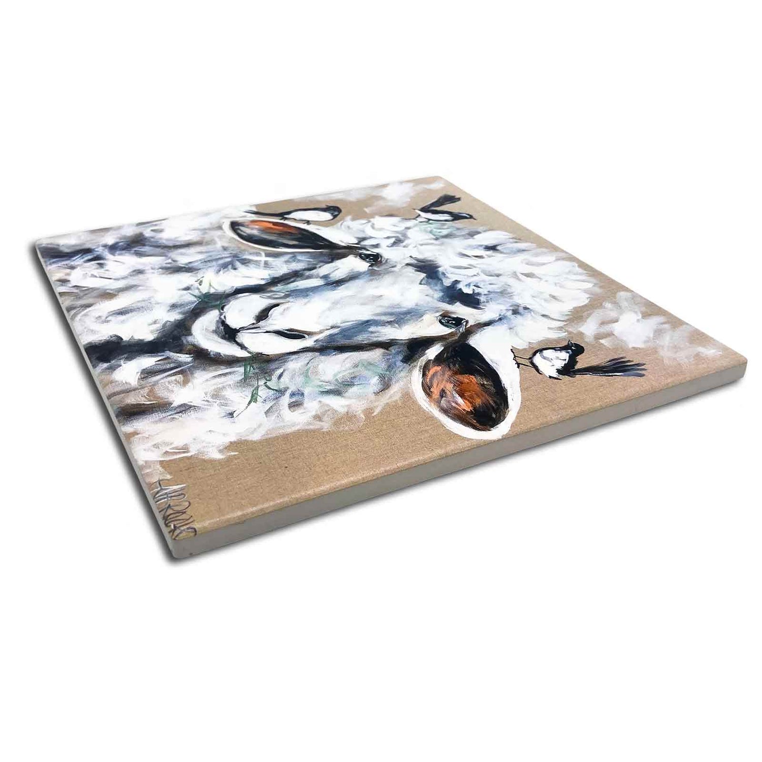 Woolly Sheep Art by Amanda Brooks Lilli Rock Dolomite Stone Absorbent Surface Protection Trivet