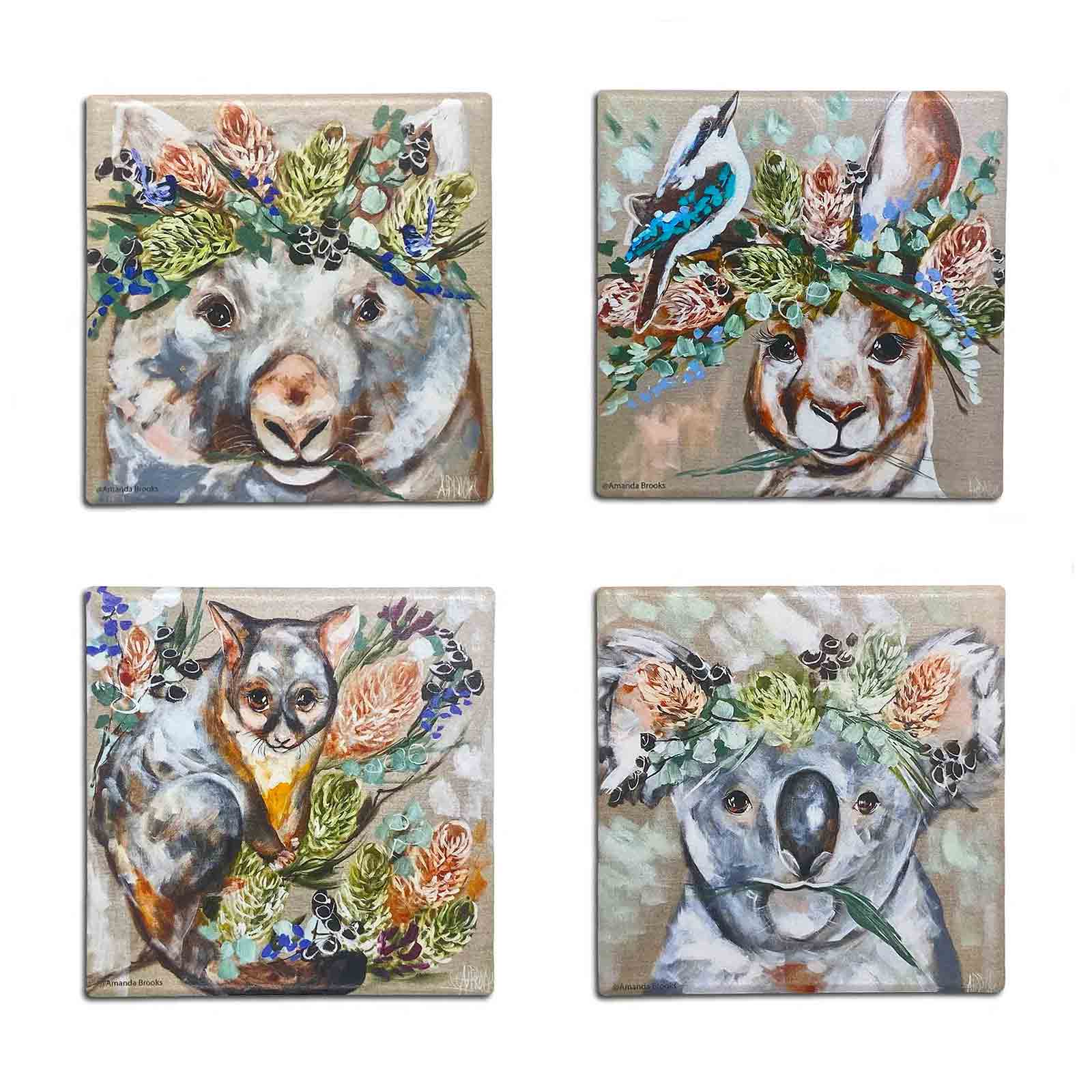 Forget Me Not Australian Marsupials Set of 4 Souvenir Gift Dolomite Stone Absorbent Coasters