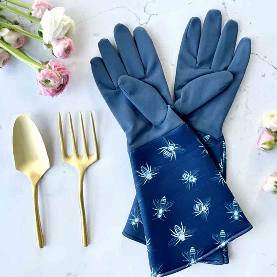 Navy Sketch Bees Gardening Gloves Faux Suede and Neoprene